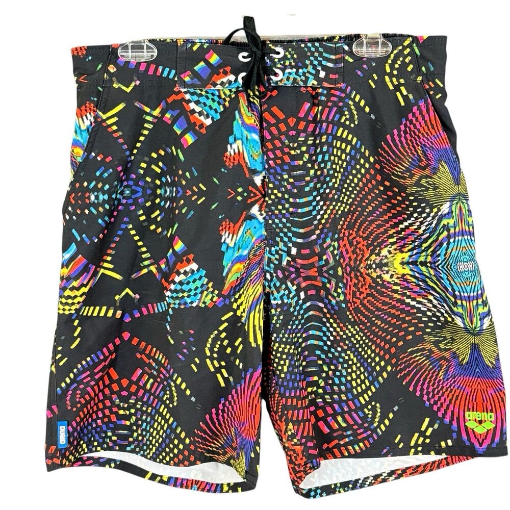 ARENA Mens Swim Trunks Boxer Board Shorts Lined Graphic Print Sz L Pockets